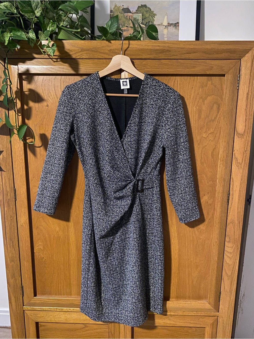 Anne Klein Black and White Textured Wrap-Front Dress
